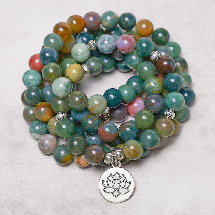 Buddha Stones 108 cuentas de Mala ágata india loto OM Buda Árbol de la vida pulsera de calma positiva