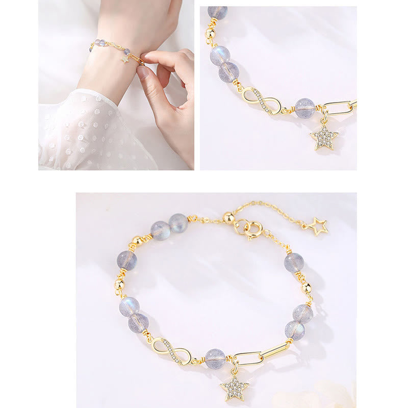 Buddha Stones chapadas en oro de 14 quilates, cuarzo fresa natural, piedra lunar, lazo de Möbius, pulsera positiva con estrella de amor eterno