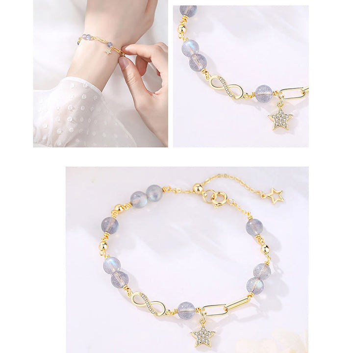 Buddha Stones chapadas en oro de 14 quilates, cuarzo fresa natural, piedra lunar, lazo de Möbius, pulsera positiva con estrella de amor eterno