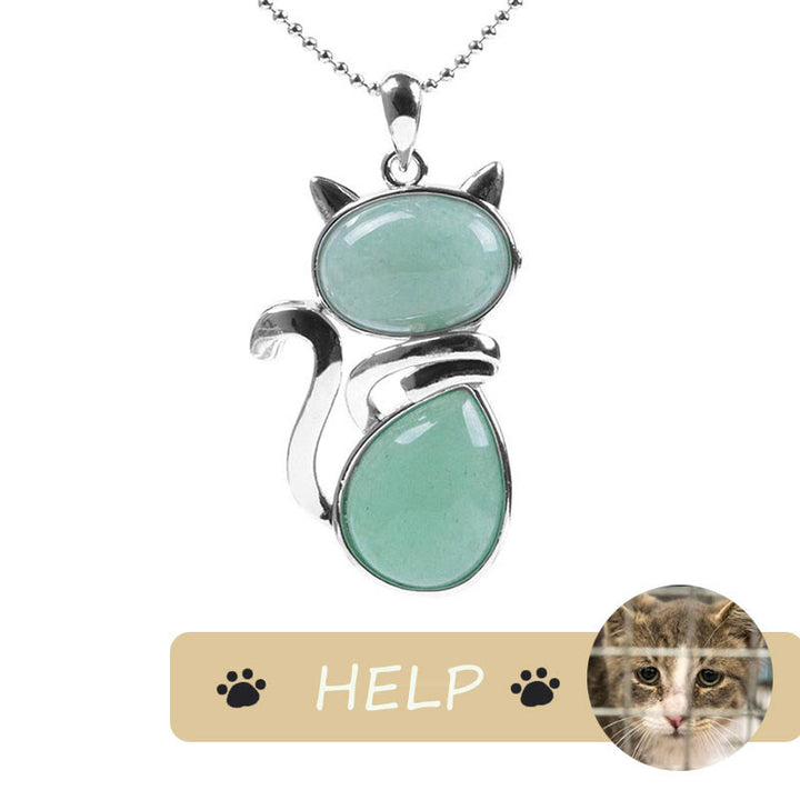 &quot;Save A Cat&quot; Lindo patrón de gato Protección de cristal natural Collar con colgante amante de los gatos