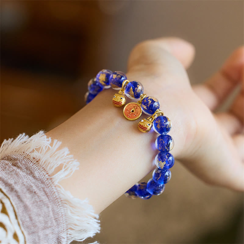 Buddha Stones, bestia tragadora de oro, moneda de cobre, amuleto de buena suerte, pulsera de fortuna con cuentas de vidrio Liuli