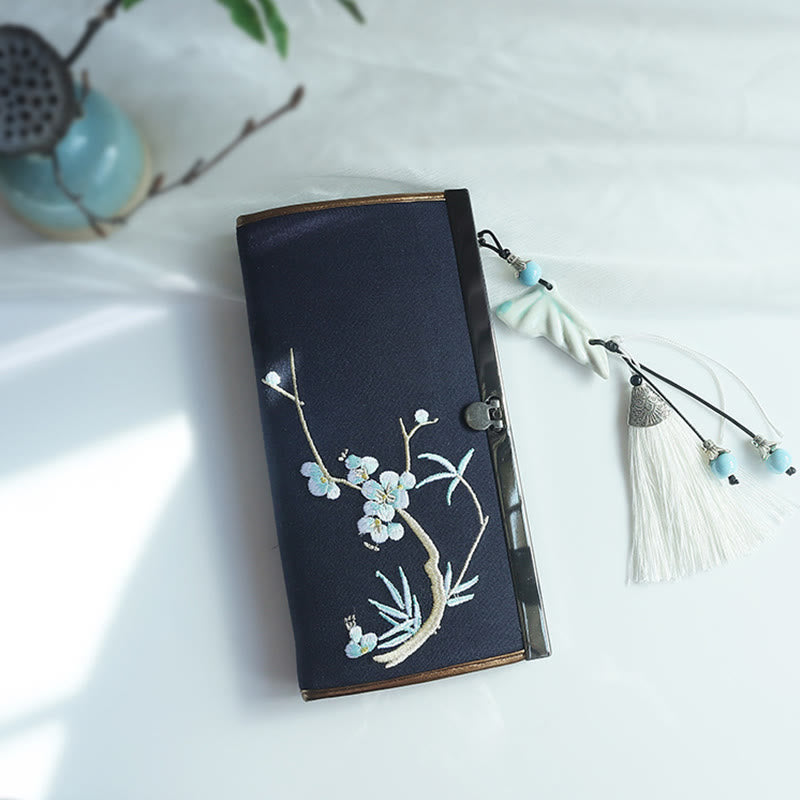 Monedero de compras con bordado de doble cara de bambú, flor de Buddha Stones , ciruela, flor de melocotón, tarjetero para efectivo de gran capacidad - Bambú ciruela azul marino - image 22