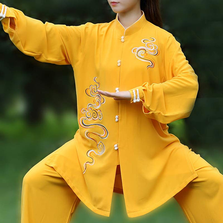 Conjunto de ropa unisex para práctica de meditación, tai chi, qigong, bordada, con nubes auspiciosas y Buddha Stones