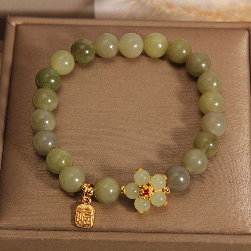 Pulsera de la suerte con dije de personaje Fu de flor de jade verde con Buddha Stones