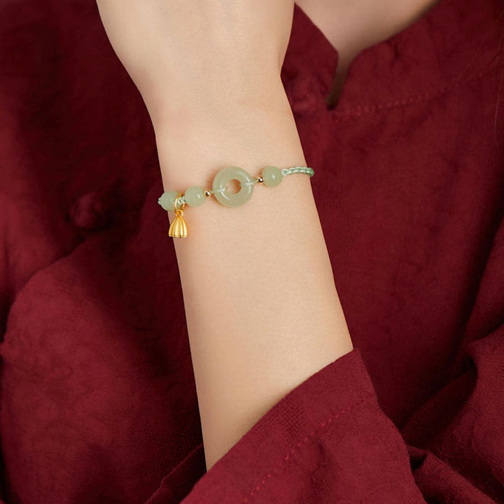 Pulsera de Buddha Stones, hebilla redonda de la paz, Jade, loto, felicidad, abundancia y riqueza