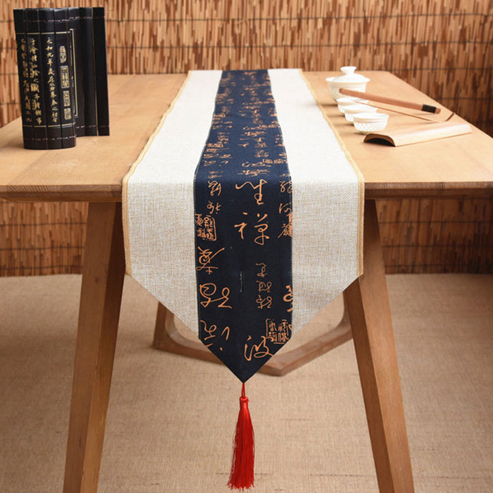 Camino de mesa con borlas de lino y algodón, Buddha Stones, estilo chino clásico, loto, pez Koi, flor, grulla, caligrafía, iluminación