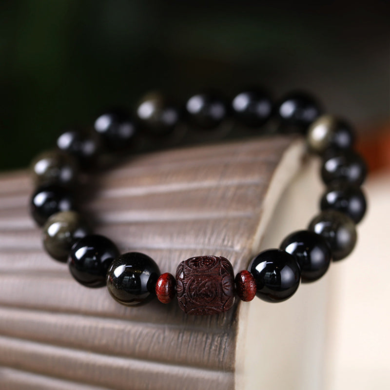 Pulsera curativa con carácter de obsidiana arcoíris de obsidiana con brillo de oro natural con Buddha Stones Om Mani Padme Hum Fu