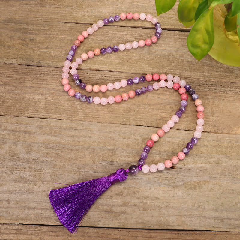 Pulsera de borlas curativas espirituales con Buddha Stones, 108 cuentas Mala, amatista, cuarzo rosa