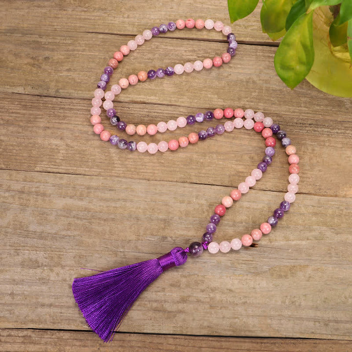 Pulsera de borlas curativas espirituales con Buddha Stones, 108 cuentas Mala, amatista, cuarzo rosa