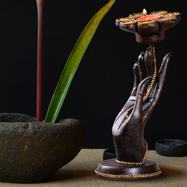Candelabro de madera con diseño de mano de Buddha Stones , decoración para el hogar