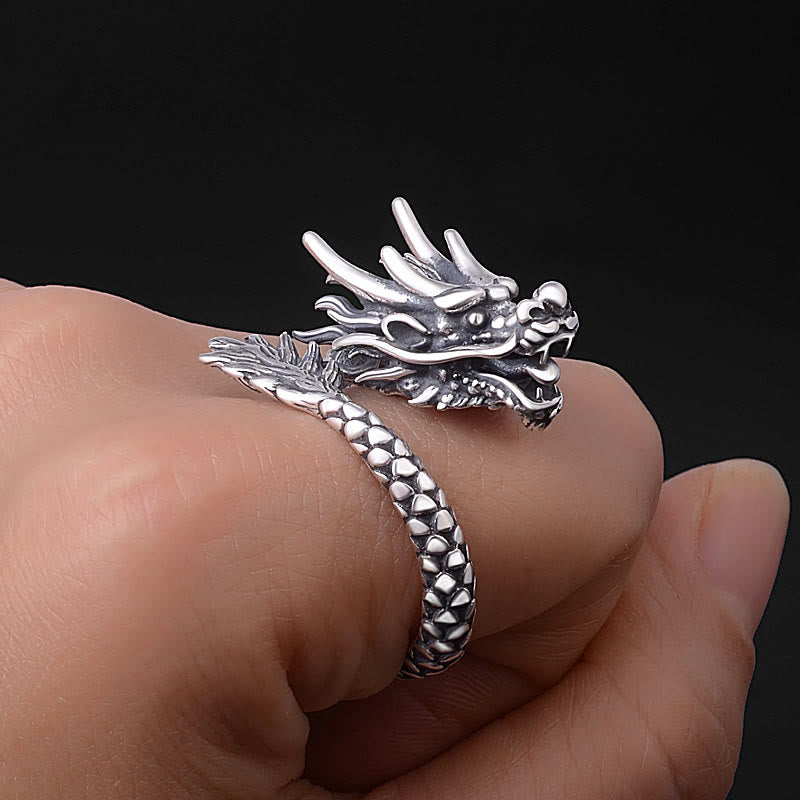 Anillo ajustable de plata de ley 990 con Buddha Stones , diseño de dragón vintage, protección de la suerte y fuerza