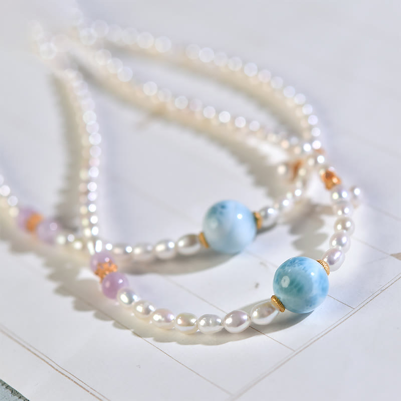 Colgante de collar de sinceridad de Larimar con perlas naturales de plata de ley 925 con Buddha Stones