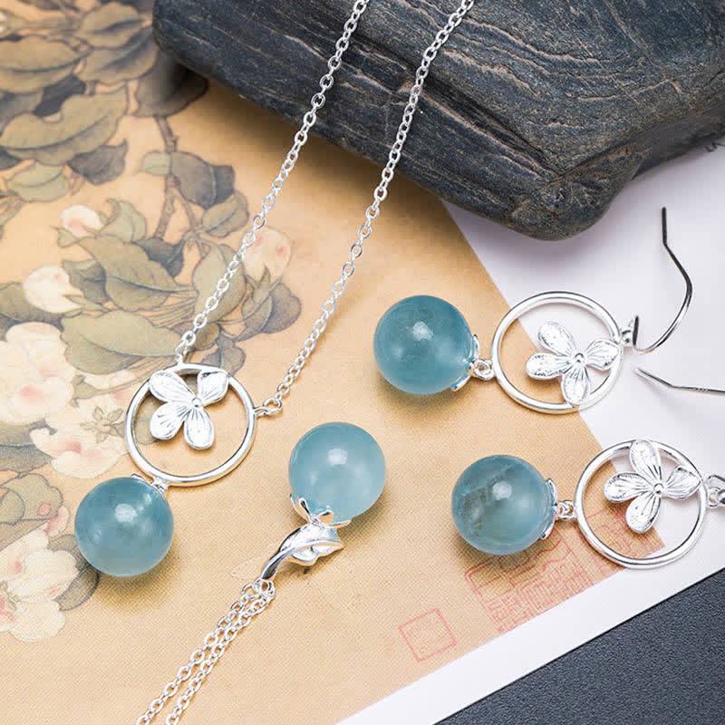 Collar con pendientes de plata de ley 925 con Buddha Stones , aguamarina natural, hoja, flor, paz