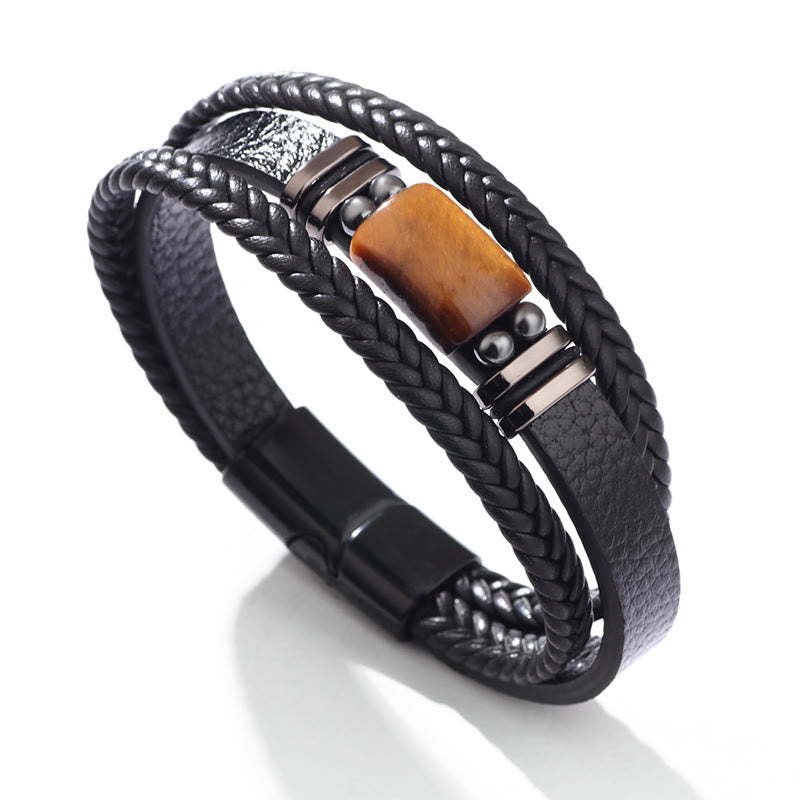Pulsera de cuero multicapa con hebilla magnética y ojo de tigre con Buddha Stones - Una piedra ojo de tigre - 19-21 cm - image 0