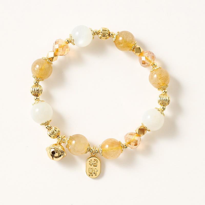 Pulsera con amuleto de la fortuna de la suerte, campana de la riqueza, cuarzo rutilado dorado, chapado en oro de 14 quilates con Buddha Stones
