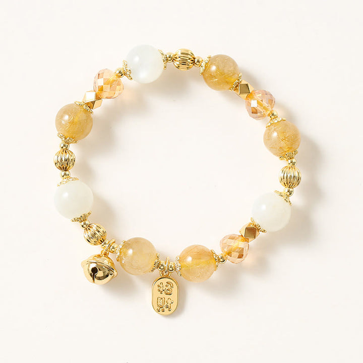 Pulsera con amuleto de la fortuna de la suerte, campana de la riqueza, cuarzo rutilado dorado, chapado en oro de 14 quilates con Buddha Stones