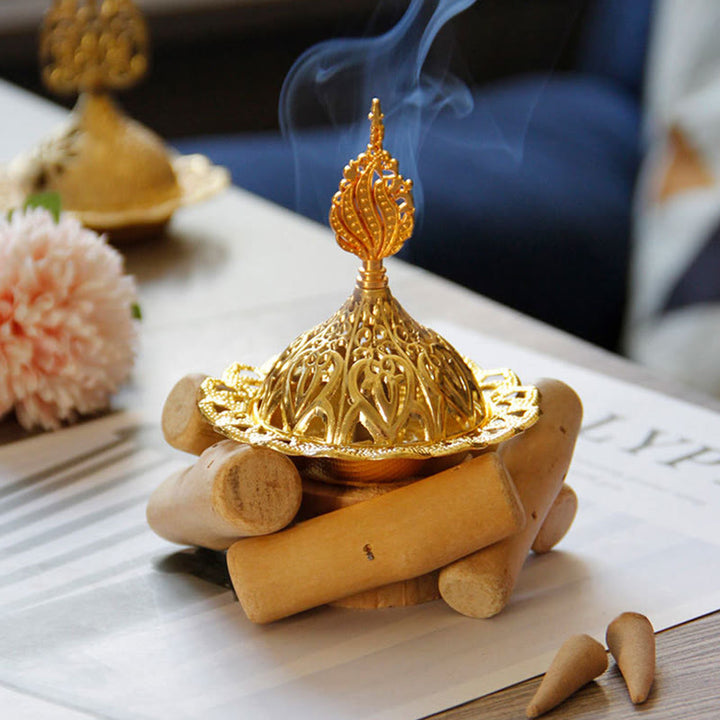 Mini quemador de incienso curativo de aleación de oro con decoración del hogar de posavasos de madera