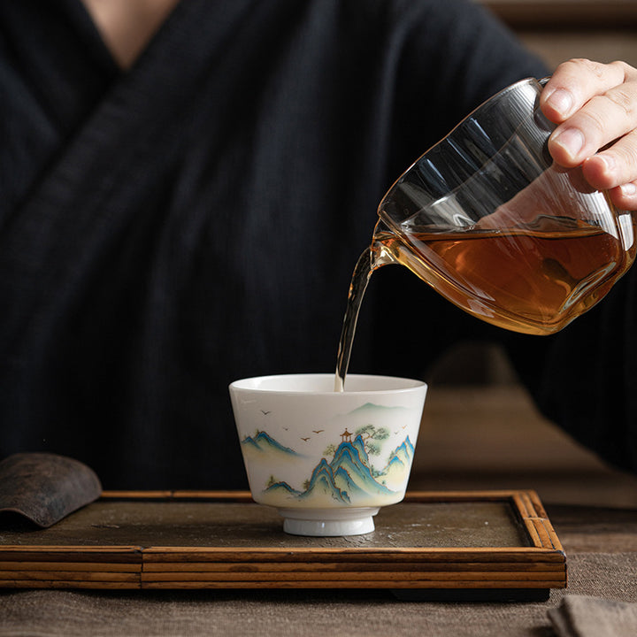 Taza de té de cerámica con Buddha Stones, flor de loto, hoja, montaña, pabellón, alce, peonía, taza de té de Kung Fu