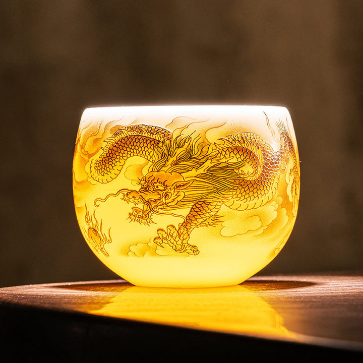 Taza de té de cerámica con caja de regalo, tazas de té de Kung Fu con Buddha Stones , dragón, Fénix, nubes propicias