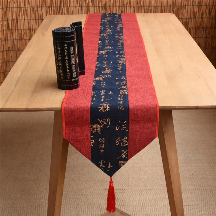 Camino de mesa con borlas de lino y algodón, Buddha Stones, estilo chino clásico, loto, pez Koi, flor, grulla, caligrafía, iluminación