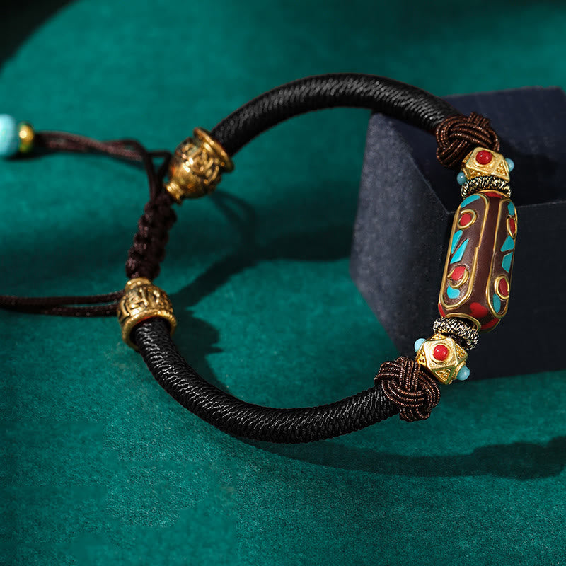 Pulsera trenzada de fuerza Om Mani Padme Hum de turquesa tibetana hecha a mano con Buddha Stones