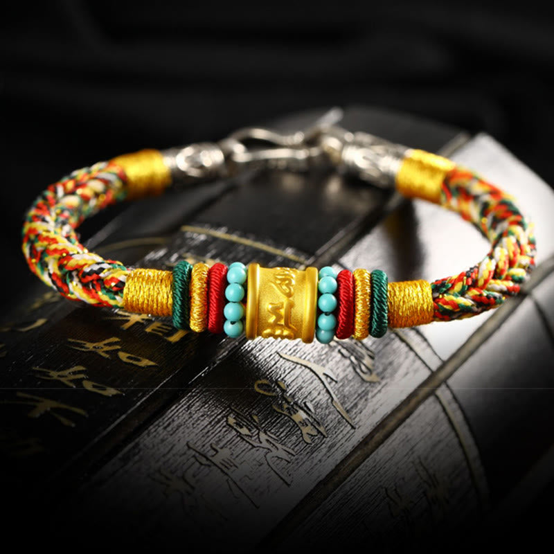 Buddha Stones Tíbet 999 oro Om Mani Padme Hum pulsera de la suerte hecha a mano con ocho hilos y nudo de la paz