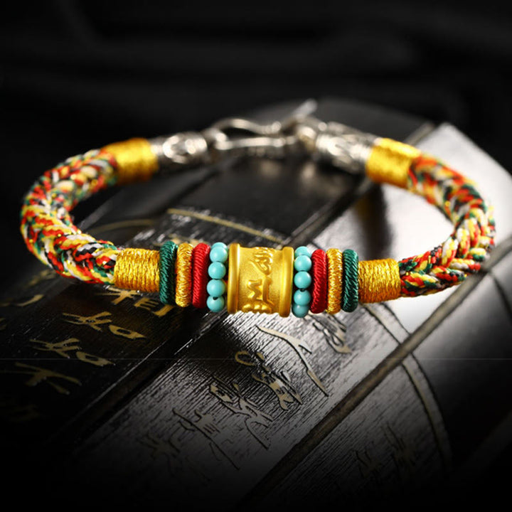 Buddha Stones Tíbet 999 oro Om Mani Padme Hum pulsera de la suerte hecha a mano con ocho hilos y nudo de la paz