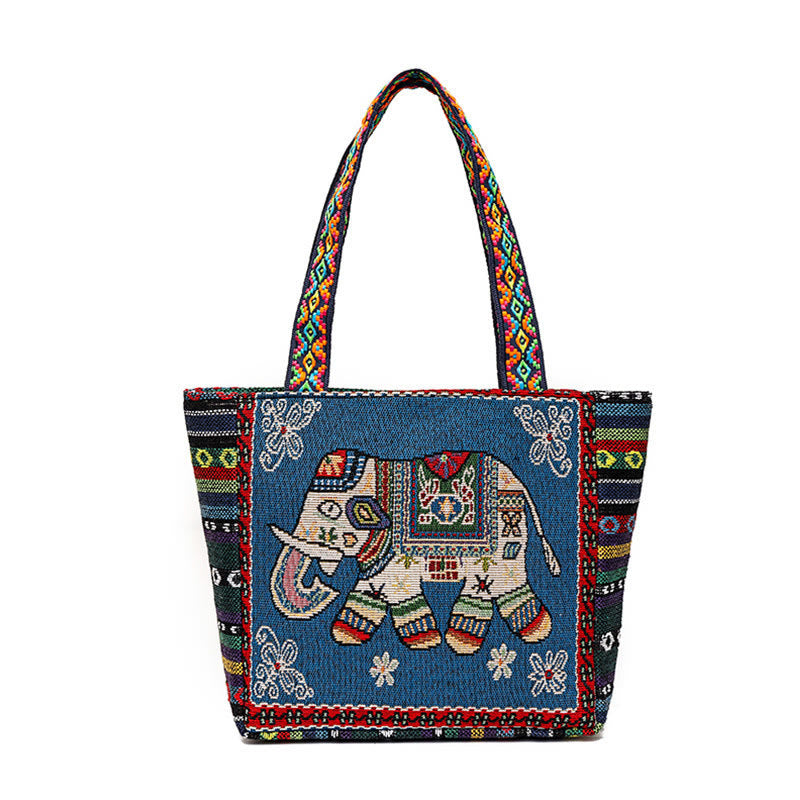 Bolso bandolera de lona de gran capacidad con bordado de mariposa y elefante