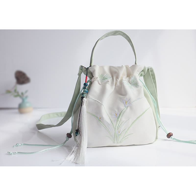 Bolso de hombro de lona con flores bordadas hechas a mano con Buddha Stones