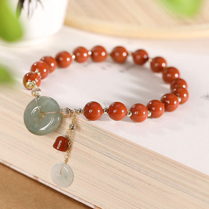 Pulsera de confianza con forma de calabaza y monedas de cobre con hebilla de paz y ágata roja de jade rellena de oro de 14 quilates con Buddha Stones
