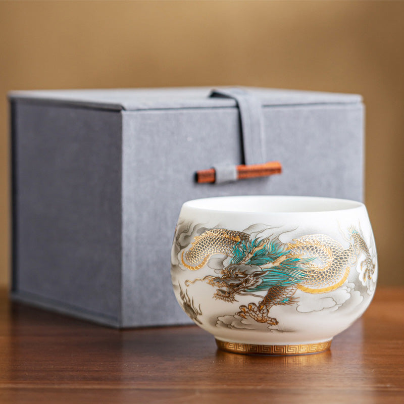 Taza de té de cerámica con caja de regalo, tazas de té de Kung Fu con Buddha Stones , dragón, Fénix, nubes propicias