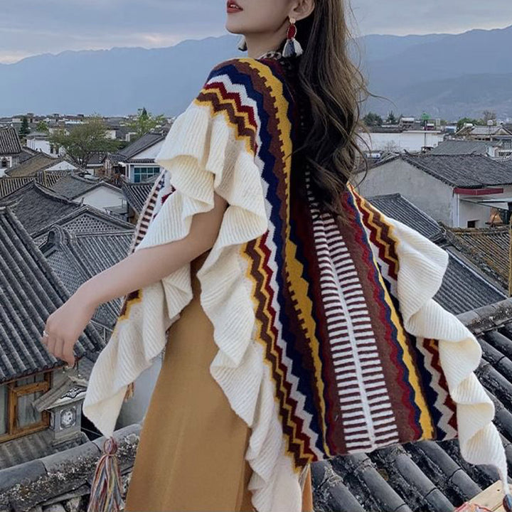 Mantón tibetano de Buddha Stones, bufanda de viaje acogedora de invierno con borlas de línea ondulada a rayas coloridas