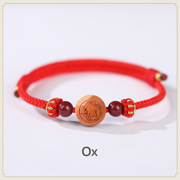 Pulsera de riqueza de cinabrio tallada con carácter del zodíaco chino, madera de melocotón Natural, Buddha Stones