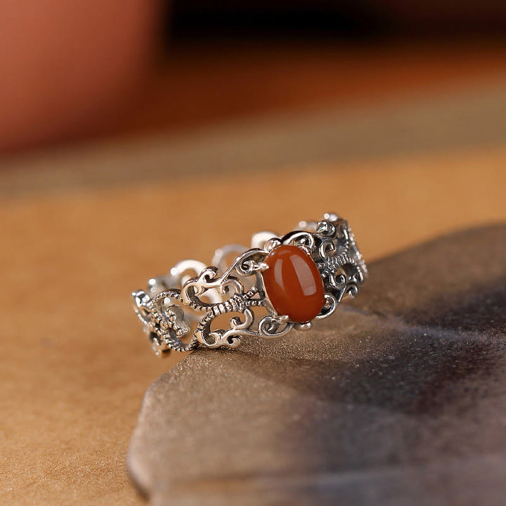 Anillo de calma de autoaceptación con ágata roja vintage de plata de ley 925 con Buddha Stones