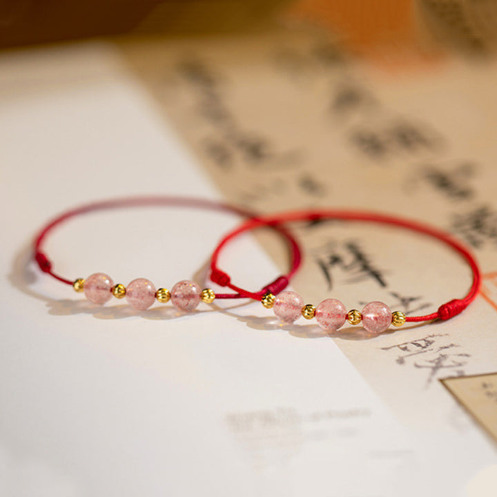 Tobillera con hilo rojo de la suerte con cuentas de cristal de fresa y piedras de Buddha Stones