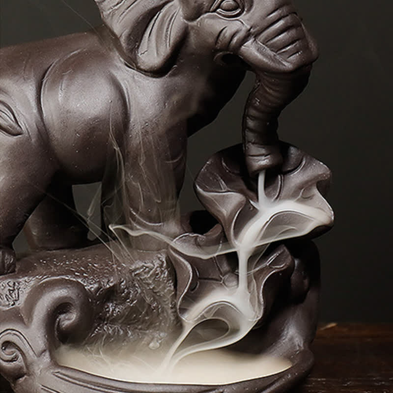 Elefante tibetano, fuente de humo de reflujo de arcilla púrpura, decoración de quemador de incienso curativo de paz