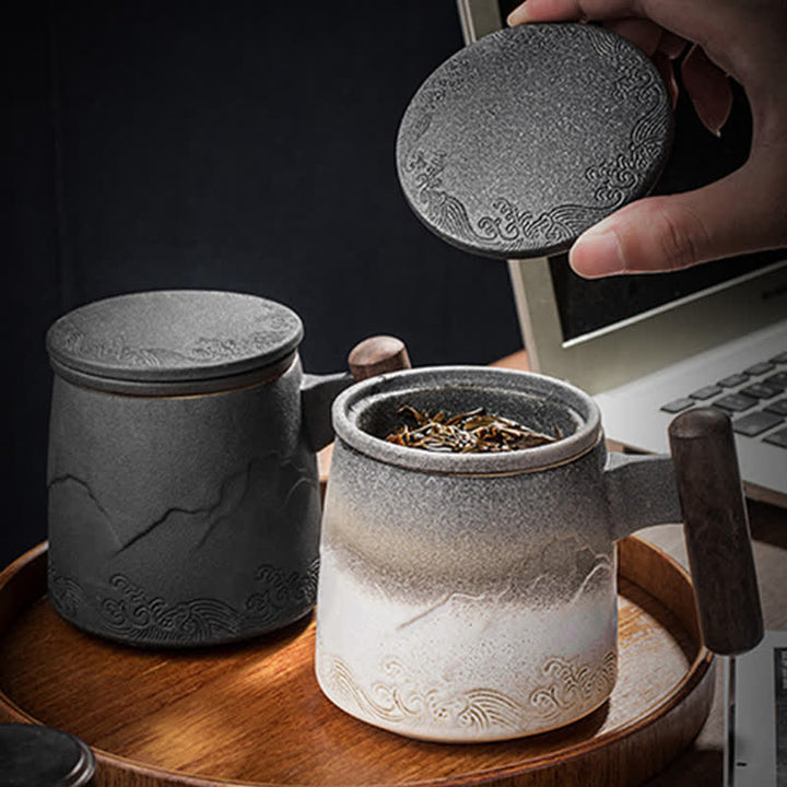 Tazas de té de cerámica vintage con diseño de Buddha Stones y piedras de montaña y mar