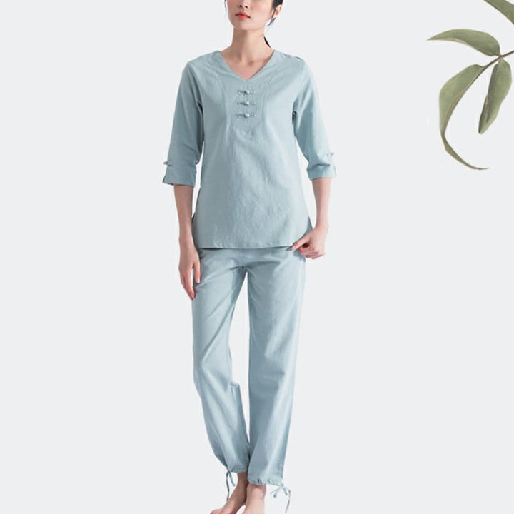 Conjunto de ropa de lino y algodón con diseño de cuello en V para mujer, uniforme de práctica Zen, Buddha Stones, Yoga, meditación y oración - image 2