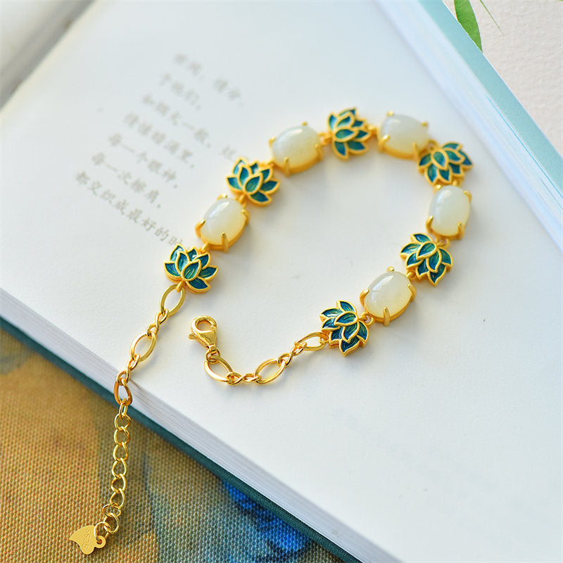 Pulsera de Protección de Loto de Jade Cian de Jade Blanco con Buddha Stones