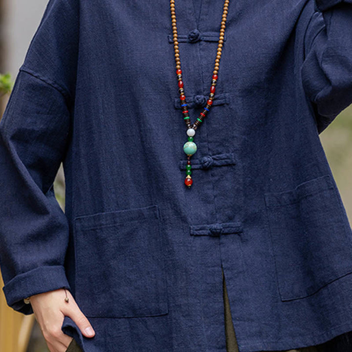 Camisa con diseño de botones de rana y Buddha Stones , ropa superior para meditación de Tai Chi, chaqueta de lino de ramio