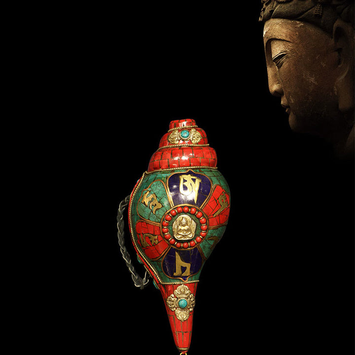 Concha tibetana hecha a mano Shankha Om Mani Padme Hum Buda, decoración de la suerte