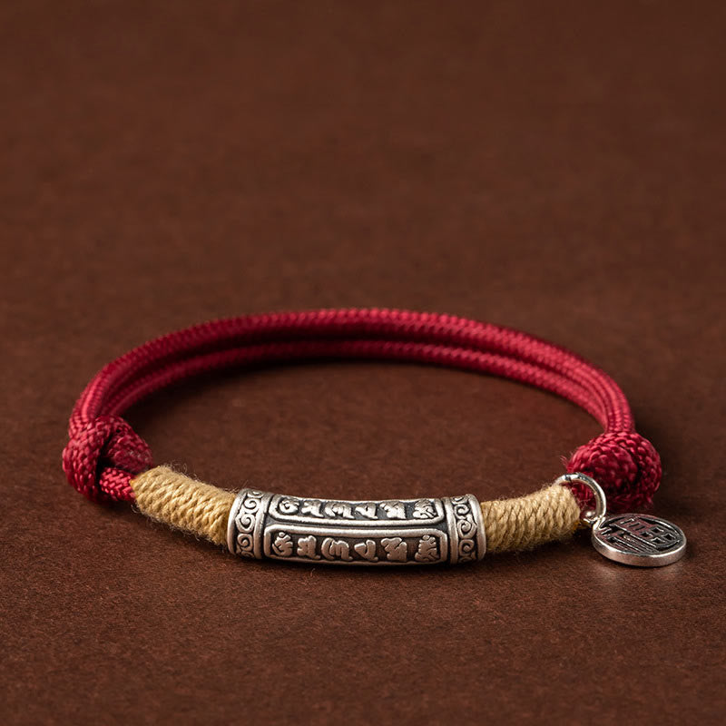 Pulsera trenzada de plata de ley 999 con Buddha Stones , hecha a mano en el Tíbet, Om Mani Padme Hum Fu, personaje de TopRank, suerte - Plata Om Mani Padme Hum - Cuerda roja (circunferencia de la muñeca: 15-19 cm) - image 0