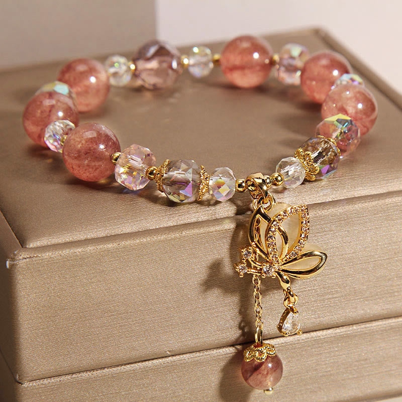 Pulsera con dije de mariposa positiva curativa de cuarzo fresa natural con Buddha Stones