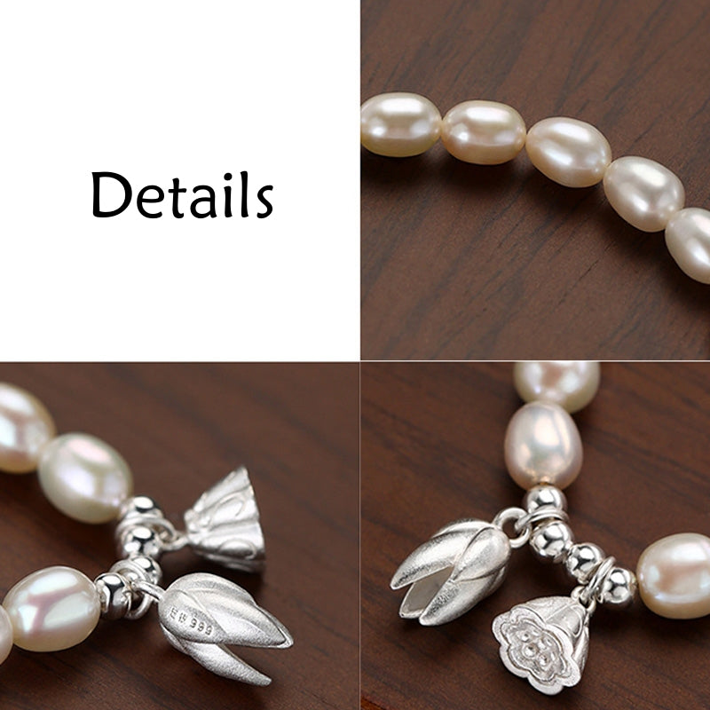 Pulsera curativa de perlas naturales con vaina de flor de loto de plata de ley 999 con Buddha Stones