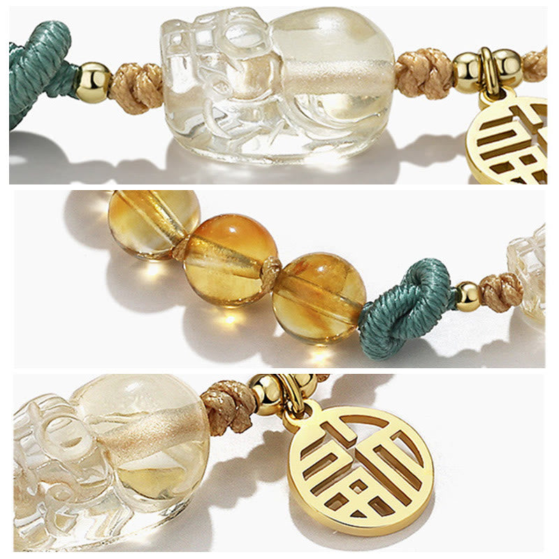 Pulsera trenzada de cuerda de prosperidad con carácter de citrino PiXiu Fu de Buddha Stones
