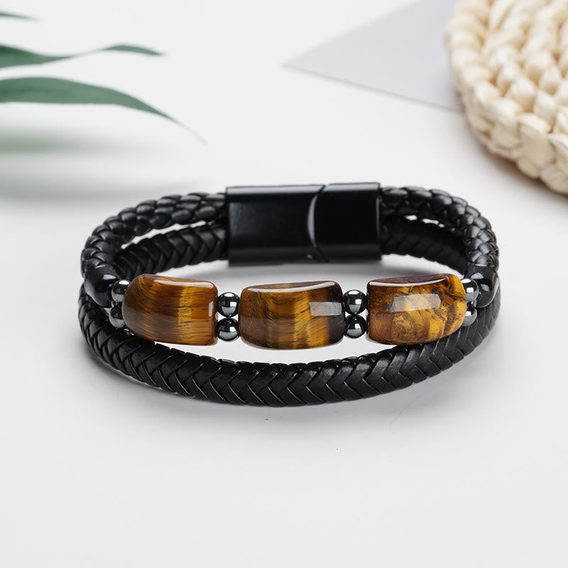 Pulsera de cuero con hebilla magnética y protección de ojo de tigre natural con Buddha Stones