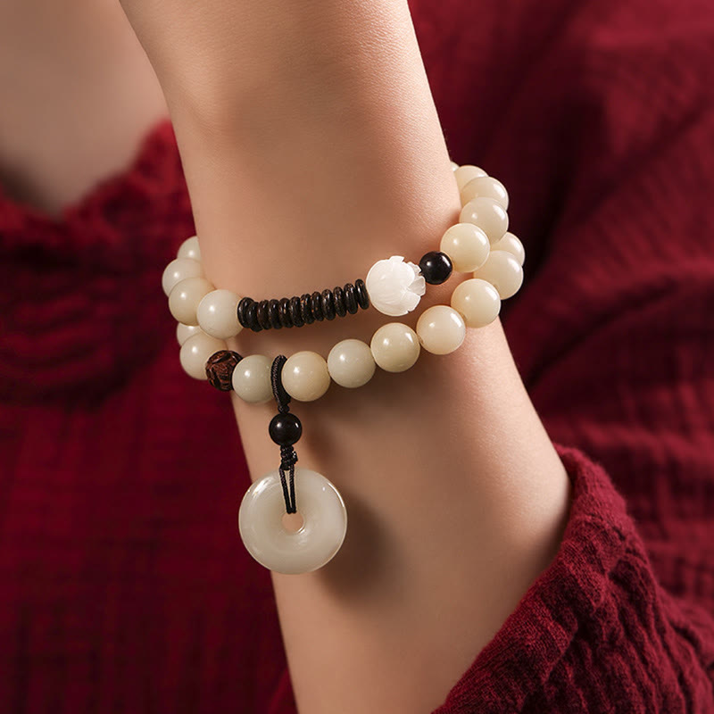 Pulsera de doble envoltura con hebilla de paz y loto de sándalo verde, semilla de Bodhi, Buddha Stones, armonía
