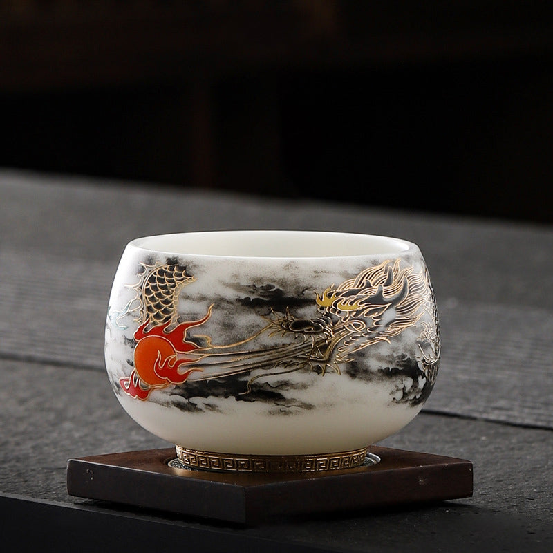 Taza de té de cerámica de porcelana blanca con diseño de dragón jugando con Buddha Stones, taza de té de Kung Fu de 160ml