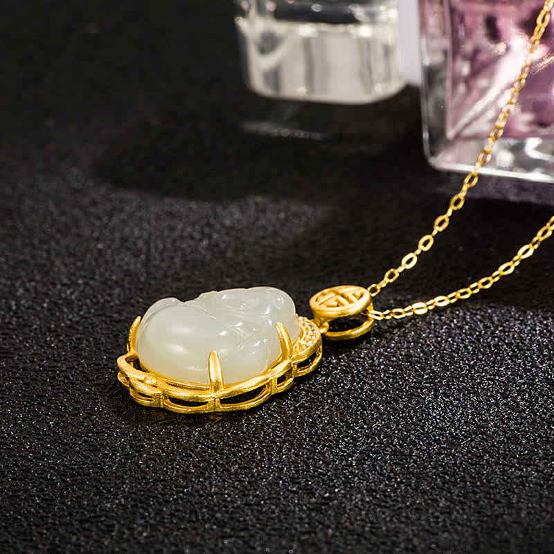 Colgante de plata de ley 925 con diseño de Buda sonriente y jade blanco hetiano - image 4