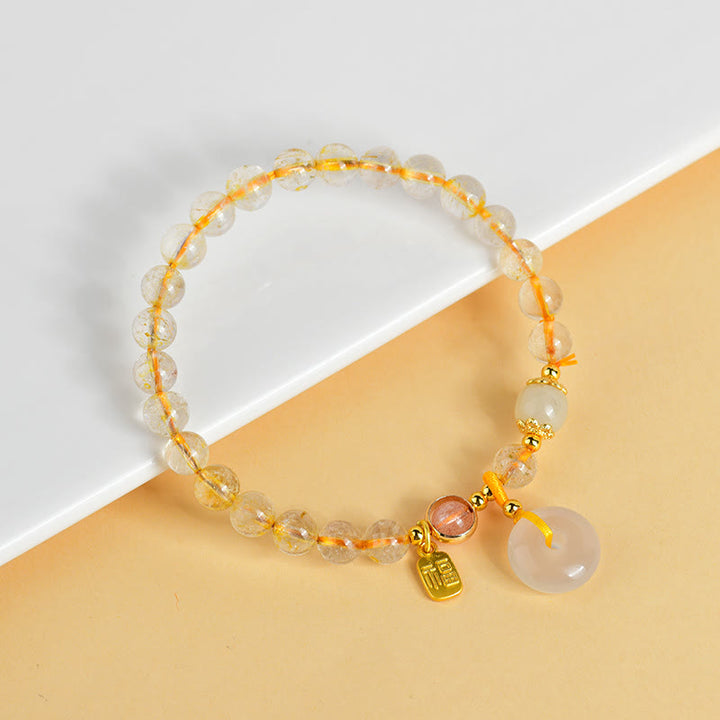 Pulsera de riqueza con dije de hebilla de paz con carácter Fu de Cuarzo rutilado dorado Natural con Buddha Stones